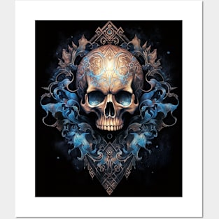 Skull on Blue Fire: Baroque Vintage Ornament Background Posters and Art